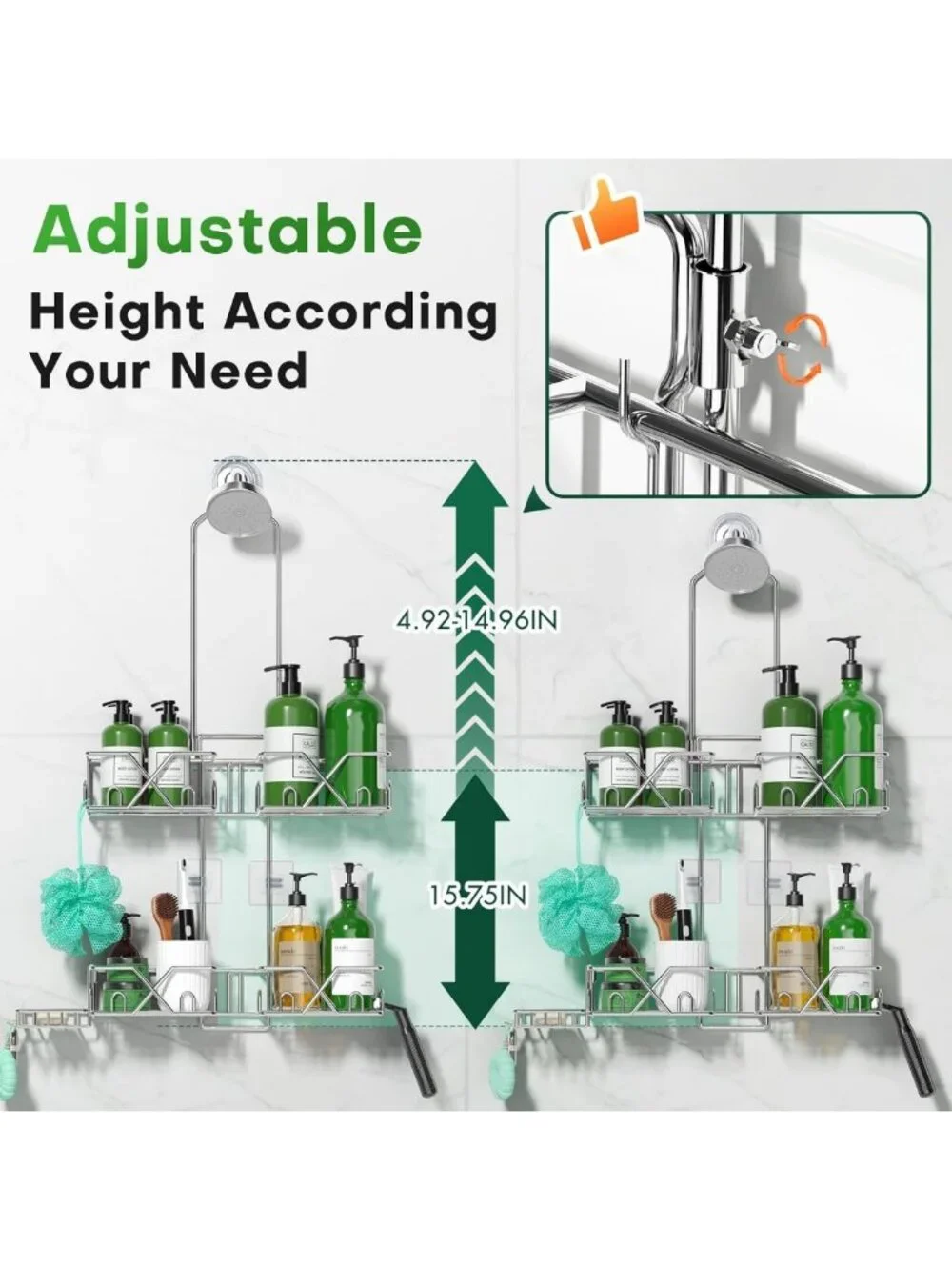Rustproof Stainless Steel Shower Caddy Organizer with Adjustable Hooks & Holders